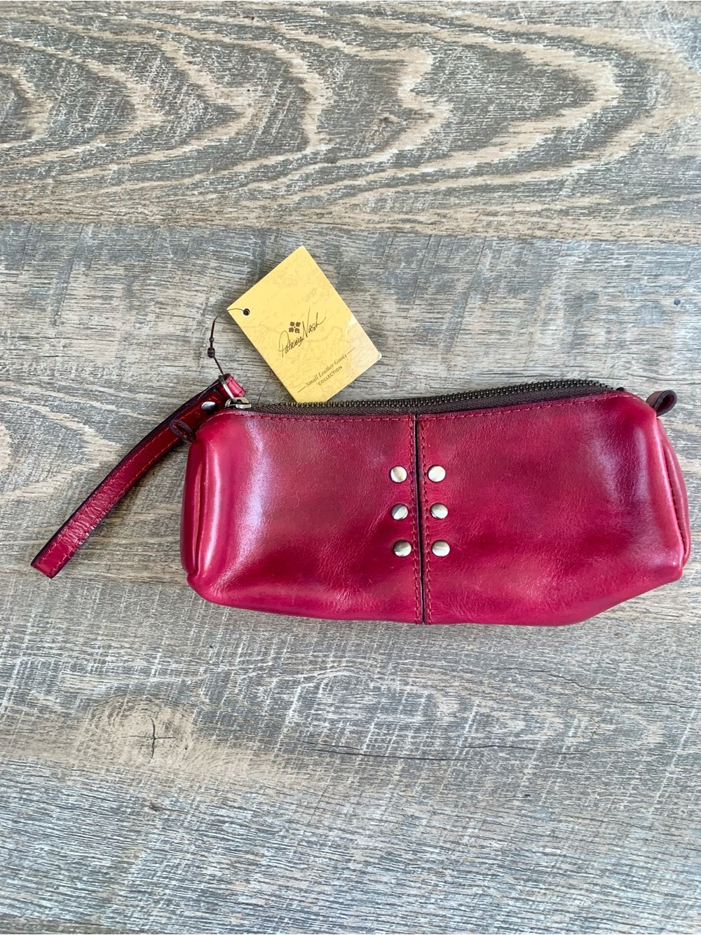Leather Boho Patricia Nash Wristlet Clutch in Berry with Stud Detail